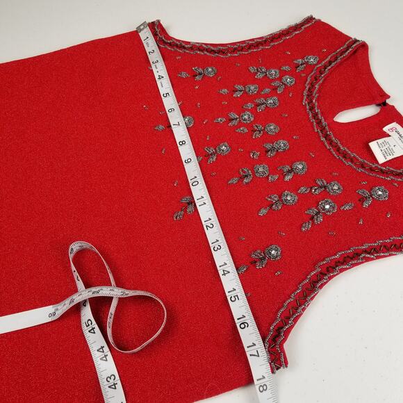 Essentials Red Sleeveless Silk Blend Embellished Rhinestones Beads Top EUC LG - Picture 7 of 9